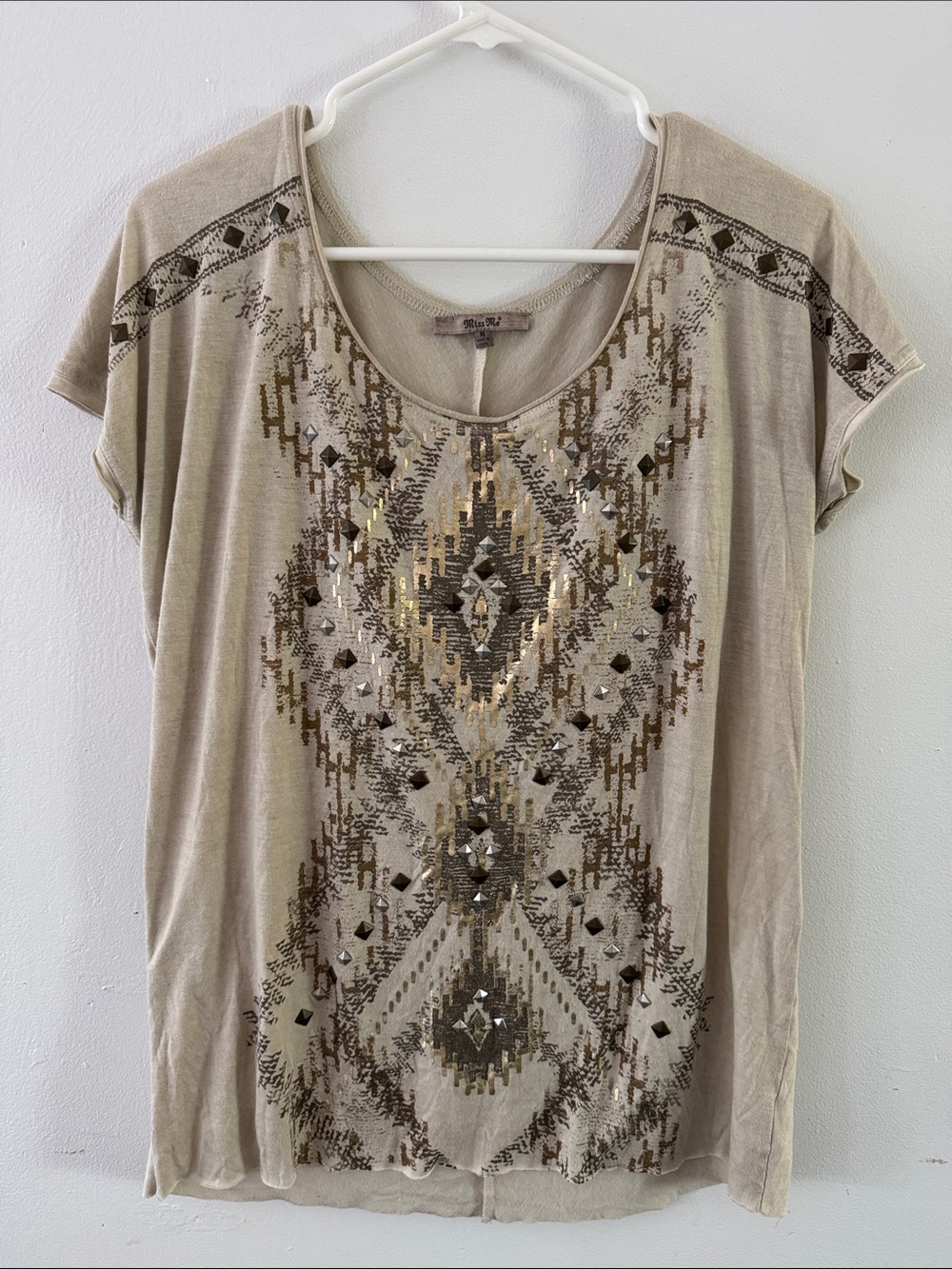 Miss Me Tan Short-Sleeve Tee with Metallic Embellishment and Fray on Back Sz M